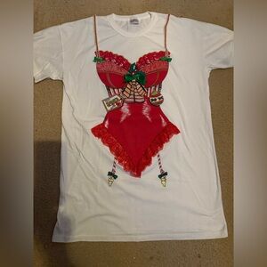 Vintage Festive White T-Shirt Red Lingerie Print, Funny, christmas, Santa,  M